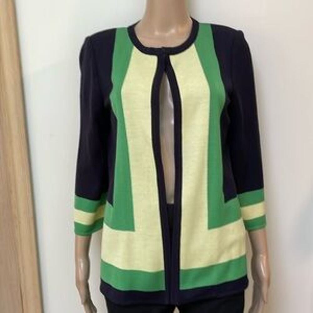 Misook cardigan blazer jacket sz large green yellow navy blue striped block